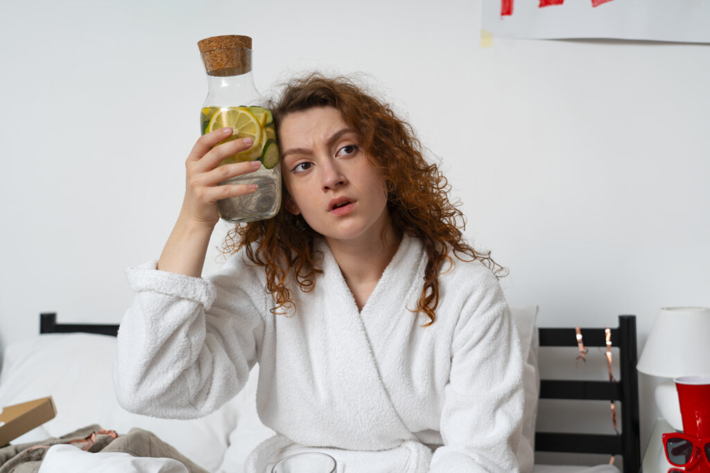 Infusiones para detener la caída del cabello. adolescente con botella de una infusión pegada en la cabeza